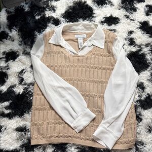 Preppy Sheer Long Sleeve Blouse Beige Knit Vest White Collared Literacy Chic PL